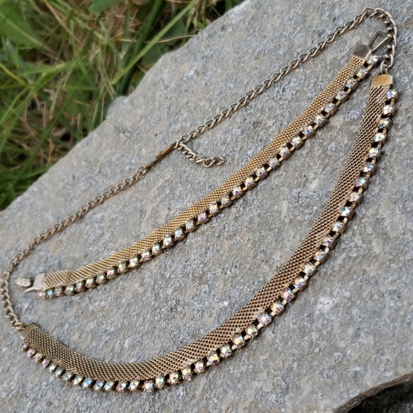 Vtg Golden Mesh AB Rhinestone Necklace Bracelet - Picture 4 of 8